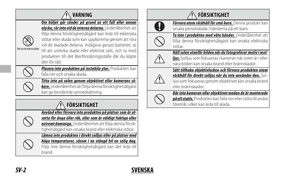 Sv-2 svenska, Varning varning, Försiktighet försiktighet | FujiFilm XC 35mm f/2 Lens User Manual | Page 44 / 120