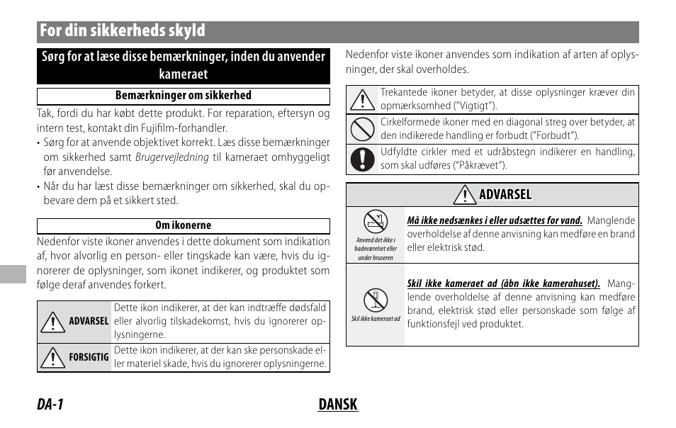 For din sikkerheds skyld, Da-1 dansk, Advarsel | FujiFilm XC 35mm f/2 Lens User Manual | Page 78 / 120