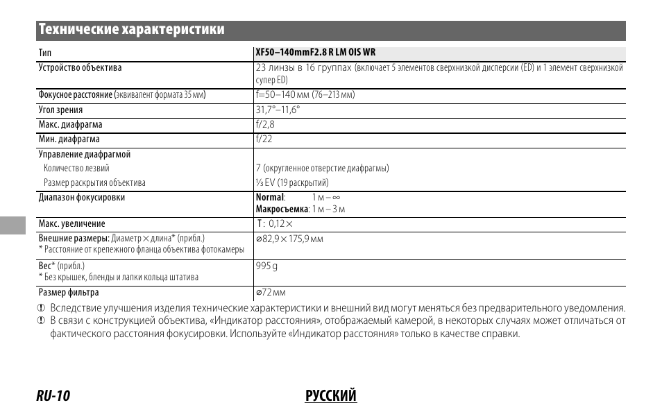 Ru-10 русский технические характеристики | FujiFilm XF 50-140mm f/2.8 R LM OIS WR Lens User Manual | Page 100 / 170