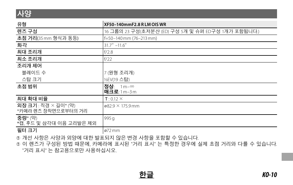Ko-10 한글 사양 | FujiFilm XF 50-140mm f/2.8 R LM OIS WR Lens User Manual | Page 159 / 170