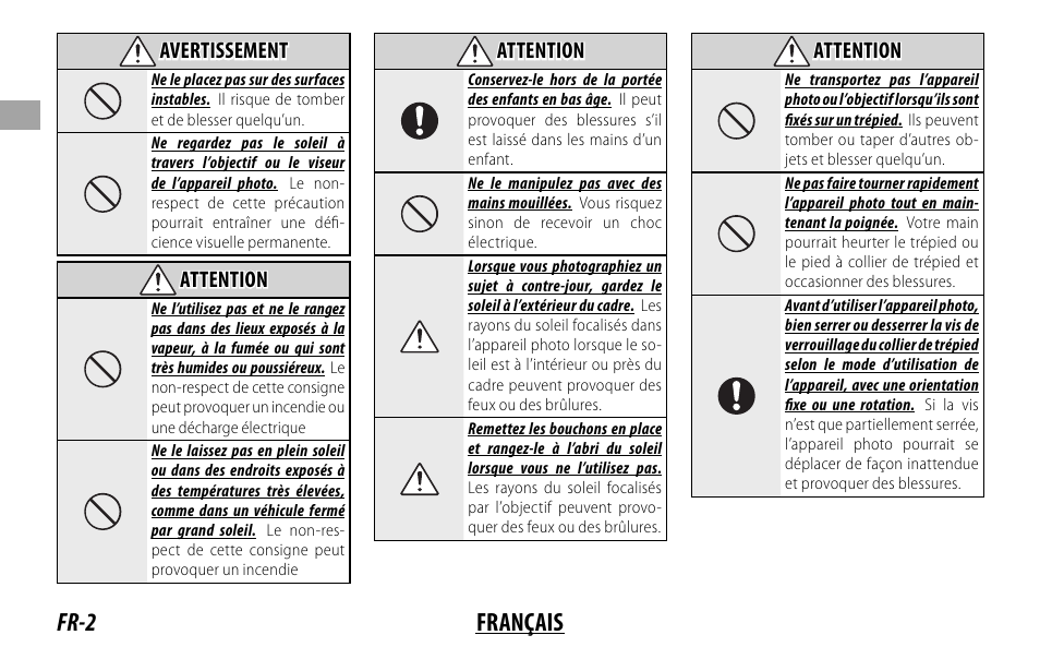 Fr-2 français, Avertissement, Attention | FujiFilm XF 50-140mm f/2.8 R LM OIS WR Lens User Manual | Page 22 / 170
