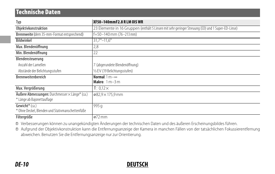 De-10 deutsch technische daten | FujiFilm XF 50-140mm f/2.8 R LM OIS WR Lens User Manual | Page 40 / 170