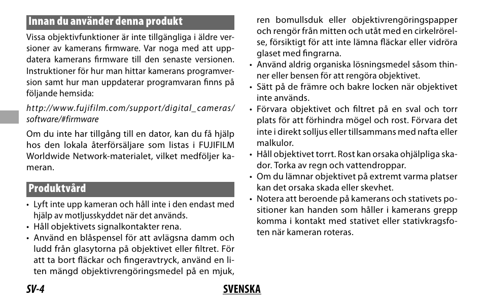Sv-4 svenska innan du använder denna produkt, Produktvård | FujiFilm XF 50-140mm f/2.8 R LM OIS WR Lens User Manual | Page 64 / 170