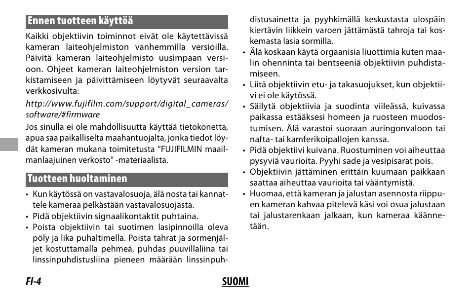 Fi-4 suomi ennen tuotteen käyttöä, Tuotteen huoltaminen | FujiFilm XF 50-140mm f/2.8 R LM OIS WR Lens User Manual | Page 84 / 170