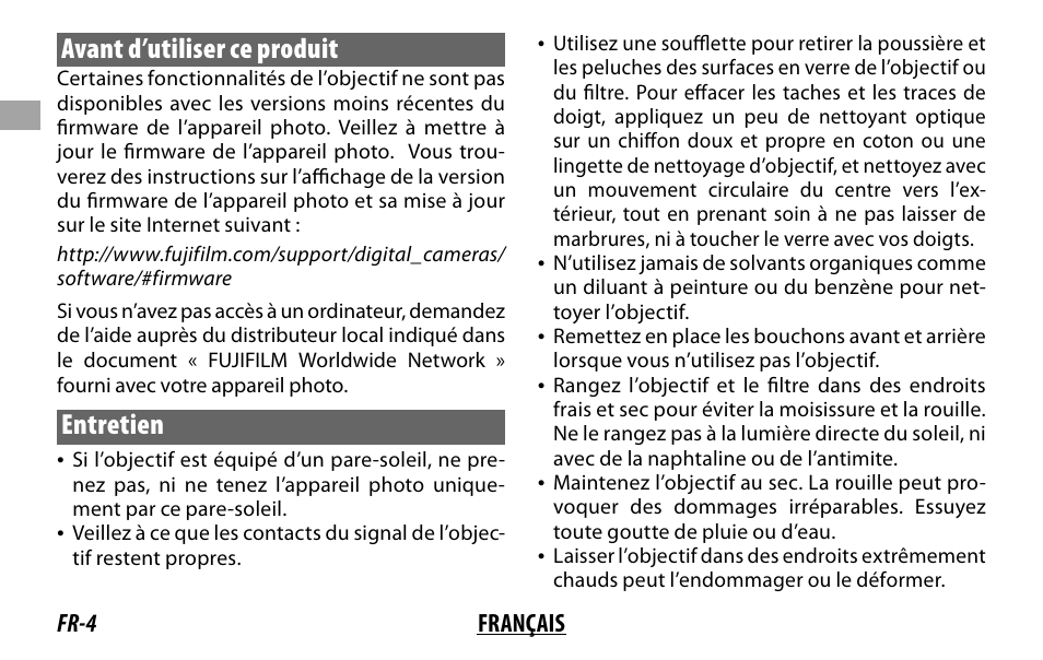Avant d’utiliser ce produit, Entretien | FujiFilm XF 16mm f/1.4 R WR Lens User Manual | Page 20 / 136