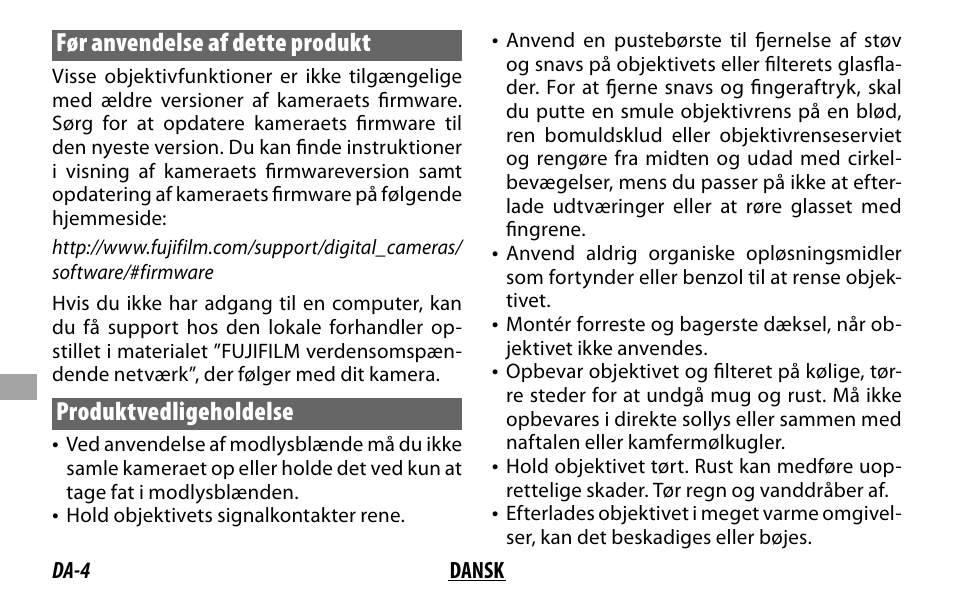 Før anvendelse af dette produkt, Produktvedligeholdelse | FujiFilm XF 16mm f/1.4 R WR Lens User Manual | Page 92 / 136