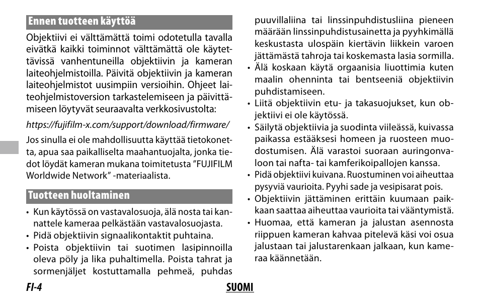 Fi-4 suomi ennen tuotteen käyttöä, Tuotteen huoltaminen | FujiFilm XF 150-600mm f/5.6-8 R LM OIS WR Lens User Manual | Page 100 / 204