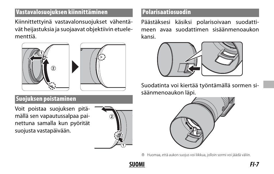 Fi-7 suomi vastavalosuojuksen kiinnittäminen, Suojuksen poistaminen, Polarisaatiosuodin | FujiFilm XF 150-600mm f/5.6-8 R LM OIS WR Lens User Manual | Page 103 / 204