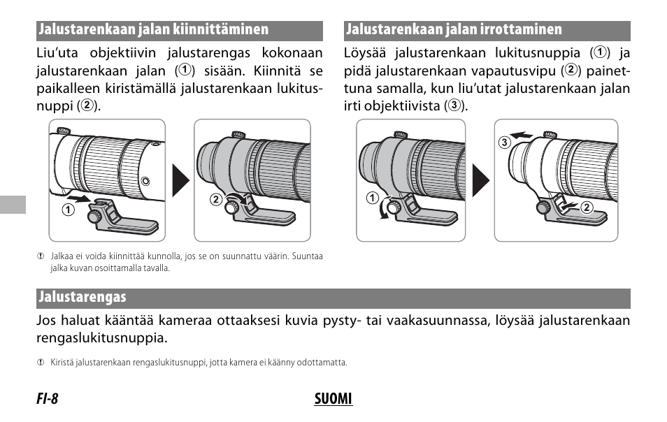 Fi-8 suomi jalustarenkaan jalan kiinnittäminen, Jalustarenkaan jalan irrottaminen, Jalustarengas | FujiFilm XF 150-600mm f/5.6-8 R LM OIS WR Lens User Manual | Page 104 / 204