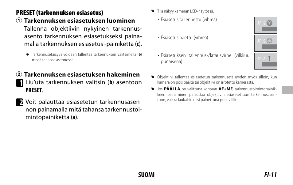 Fi-11 suomi preset (tarkennuksen esiasetus) | FujiFilm XF 150-600mm f/5.6-8 R LM OIS WR Lens User Manual | Page 107 / 204