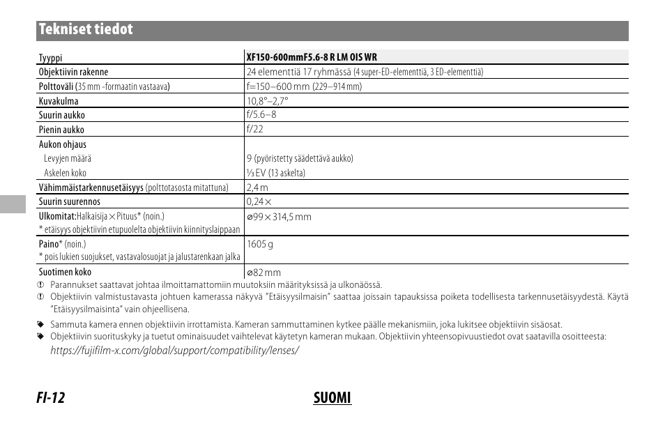 Fi-12 suomi tekniset tiedot | FujiFilm XF 150-600mm f/5.6-8 R LM OIS WR Lens User Manual | Page 108 / 204