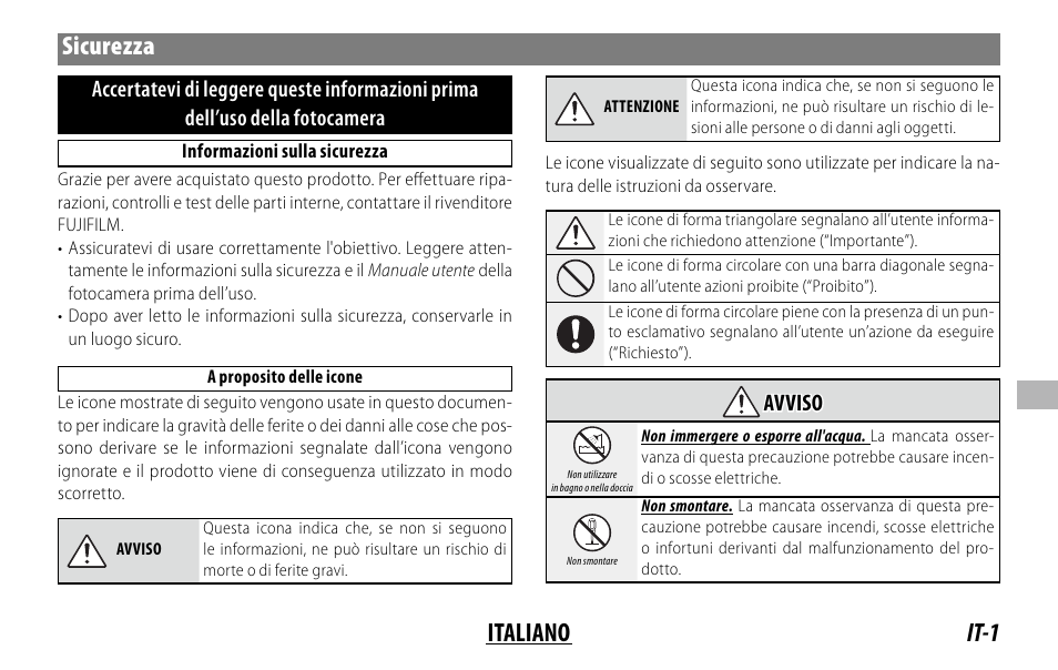 It-1 italiano sicurezza, Avviso avviso | FujiFilm XF 150-600mm f/5.6-8 R LM OIS WR Lens User Manual | Page 121 / 204