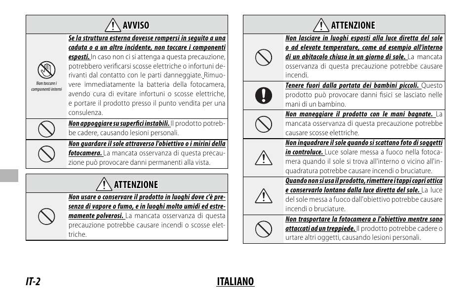 It-2 italiano, Avviso avviso, Attenzione attenzione | FujiFilm XF 150-600mm f/5.6-8 R LM OIS WR Lens User Manual | Page 122 / 204