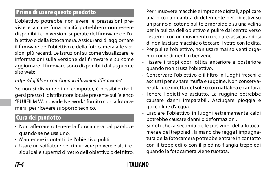 It-4 italiano prima di usare questo prodotto, Cura del prodotto | FujiFilm XF 150-600mm f/5.6-8 R LM OIS WR Lens User Manual | Page 124 / 204