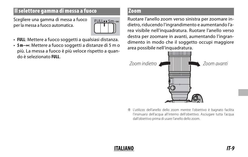 It-9 italiano il selettore gamma di messa a fuoco, Zoom | FujiFilm XF 150-600mm f/5.6-8 R LM OIS WR Lens User Manual | Page 129 / 204