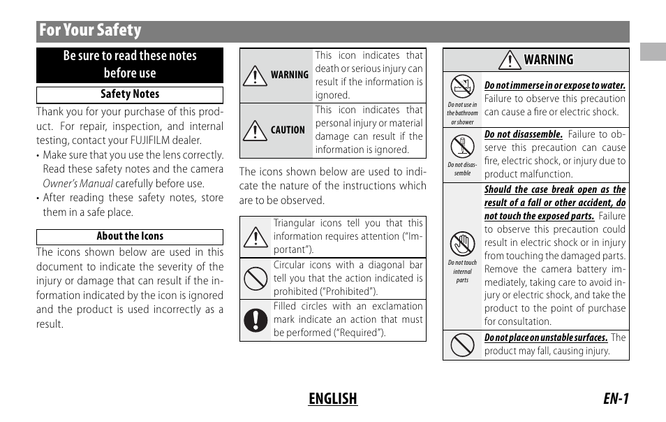 For your safety, En-1 english, Warning | FujiFilm XF 150-600mm f/5.6-8 R LM OIS WR Lens User Manual | Page 13 / 204