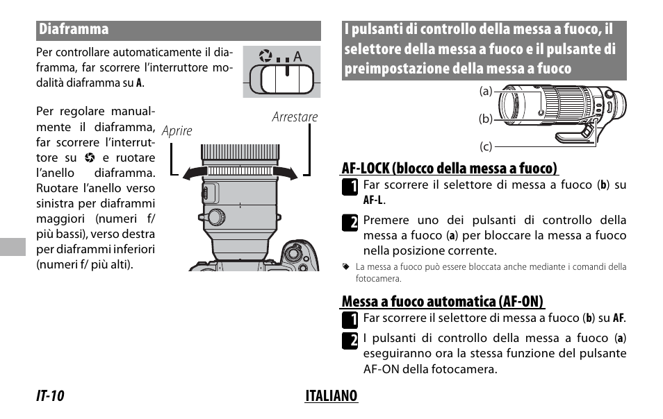 It-10 italiano diaframma, Af-lock (blocco della messa a fuoco) 1, Messa a fuoco automatica (af-on) 1 | FujiFilm XF 150-600mm f/5.6-8 R LM OIS WR Lens User Manual | Page 130 / 204