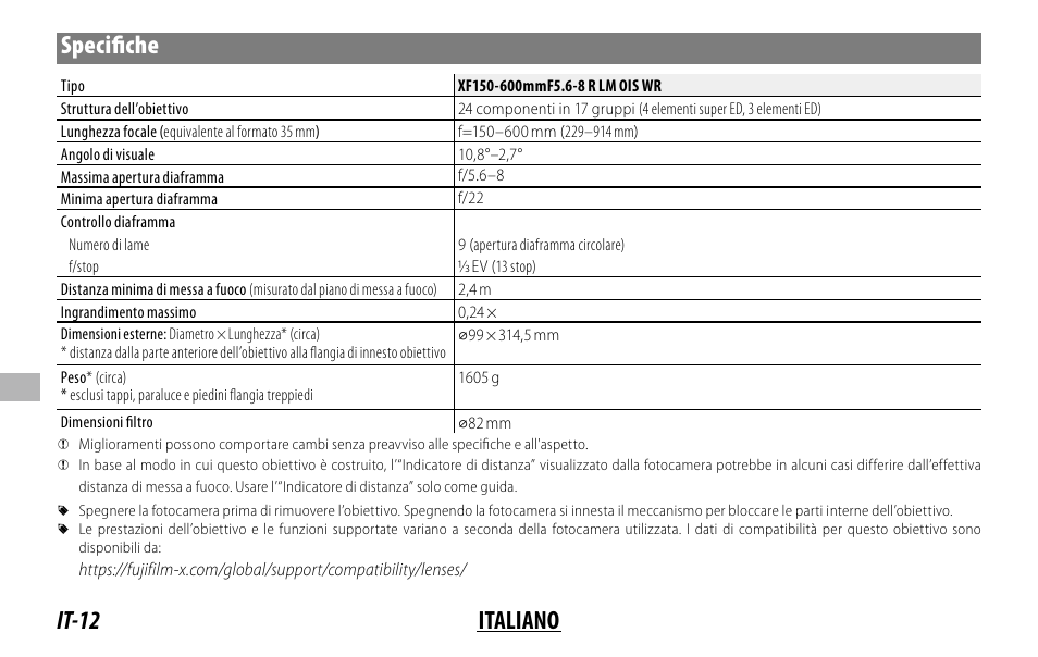 It-12 italiano specifi che | FujiFilm XF 150-600mm f/5.6-8 R LM OIS WR Lens User Manual | Page 132 / 204