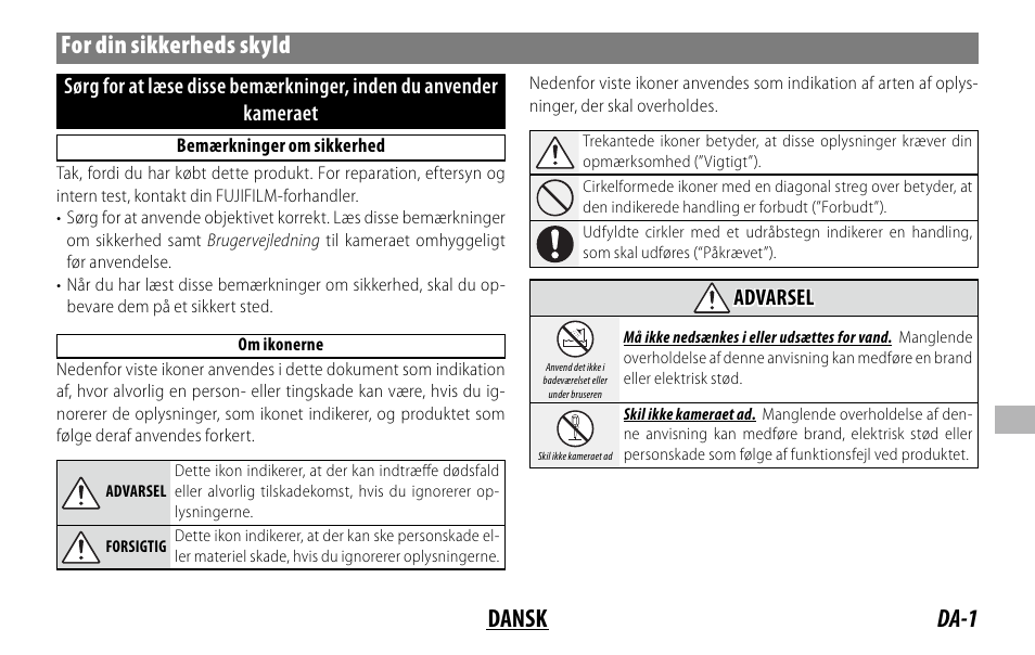 Da-1 dansk for din sikkerheds skyld, Advarsel | FujiFilm XF 150-600mm f/5.6-8 R LM OIS WR Lens User Manual | Page 133 / 204