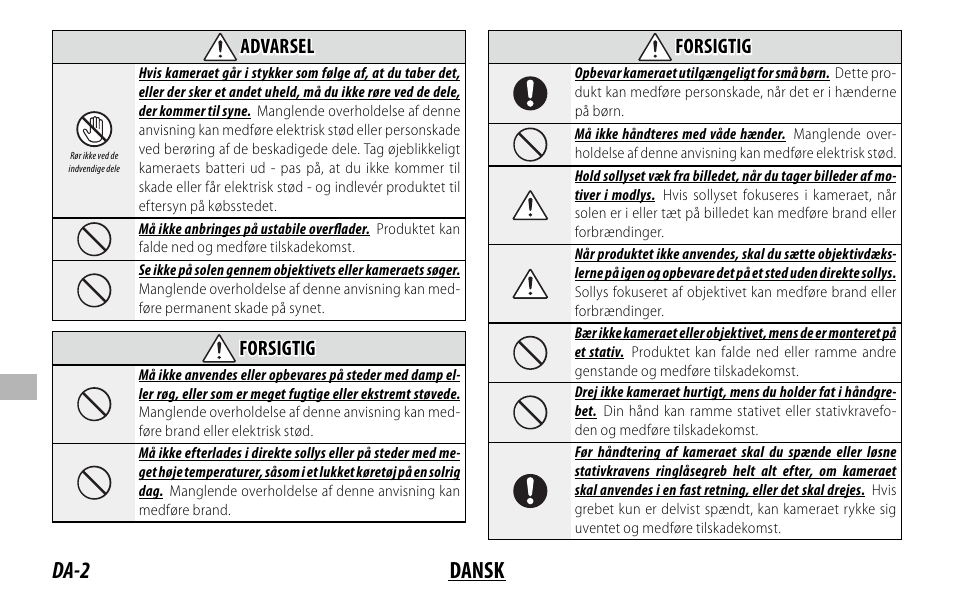 Da-2 dansk, Advarsel, Forsigtig | FujiFilm XF 150-600mm f/5.6-8 R LM OIS WR Lens User Manual | Page 134 / 204