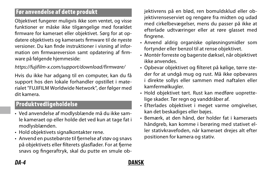 Da-4 dansk før anvendelse af dette produkt, Produktvedligeholdelse | FujiFilm XF 150-600mm f/5.6-8 R LM OIS WR Lens User Manual | Page 136 / 204