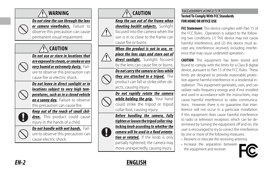 En-2 english, Warning, Caution | FujiFilm XF 150-600mm f/5.6-8 R LM OIS WR Lens User Manual | Page 14 / 204