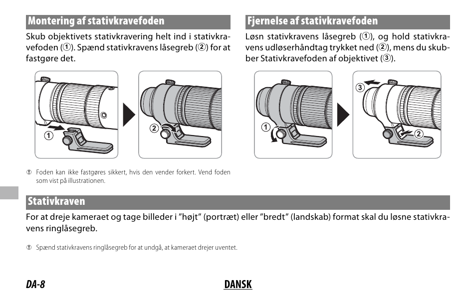 Da-8 dansk montering af stativkravefoden, Fjernelse af stativkravefoden, Stativkraven | FujiFilm XF 150-600mm f/5.6-8 R LM OIS WR Lens User Manual | Page 140 / 204