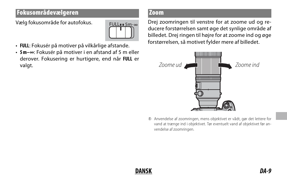 Da-9 dansk fokusområdevælgeren, Zoom | FujiFilm XF 150-600mm f/5.6-8 R LM OIS WR Lens User Manual | Page 141 / 204