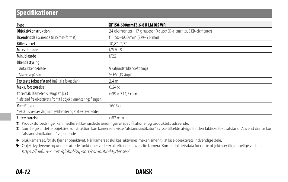 Da-12 dansk specifi kationer | FujiFilm XF 150-600mm f/5.6-8 R LM OIS WR Lens User Manual | Page 144 / 204