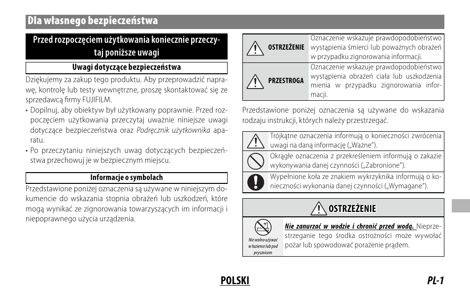 Pl-1 polski dla własnego bezpieczeństwa, Ostrzeżenie ostrzeżenie | FujiFilm XF 150-600mm f/5.6-8 R LM OIS WR Lens User Manual | Page 145 / 204