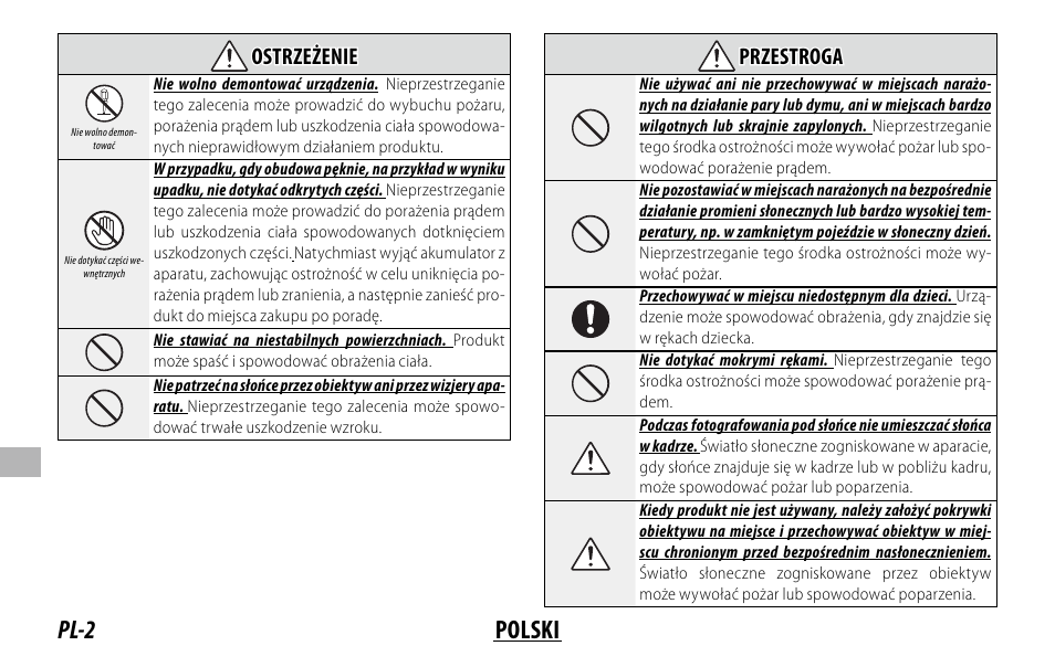 Pl-2 polski, Ostrzeżenie ostrzeżenie, Przestroga przestroga | FujiFilm XF 150-600mm f/5.6-8 R LM OIS WR Lens User Manual | Page 146 / 204