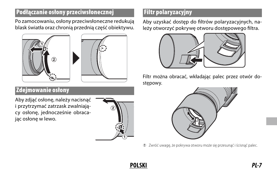 Pl-7 polski podłączanie osłony przeciwsłonecznej, Zdejmowanie osłony, Filtr polaryzacyjny | FujiFilm XF 150-600mm f/5.6-8 R LM OIS WR Lens User Manual | Page 151 / 204