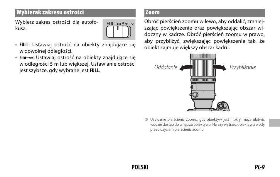 Pl-9 polski wybierak zakresu ostrości, Zoom | FujiFilm XF 150-600mm f/5.6-8 R LM OIS WR Lens User Manual | Page 153 / 204