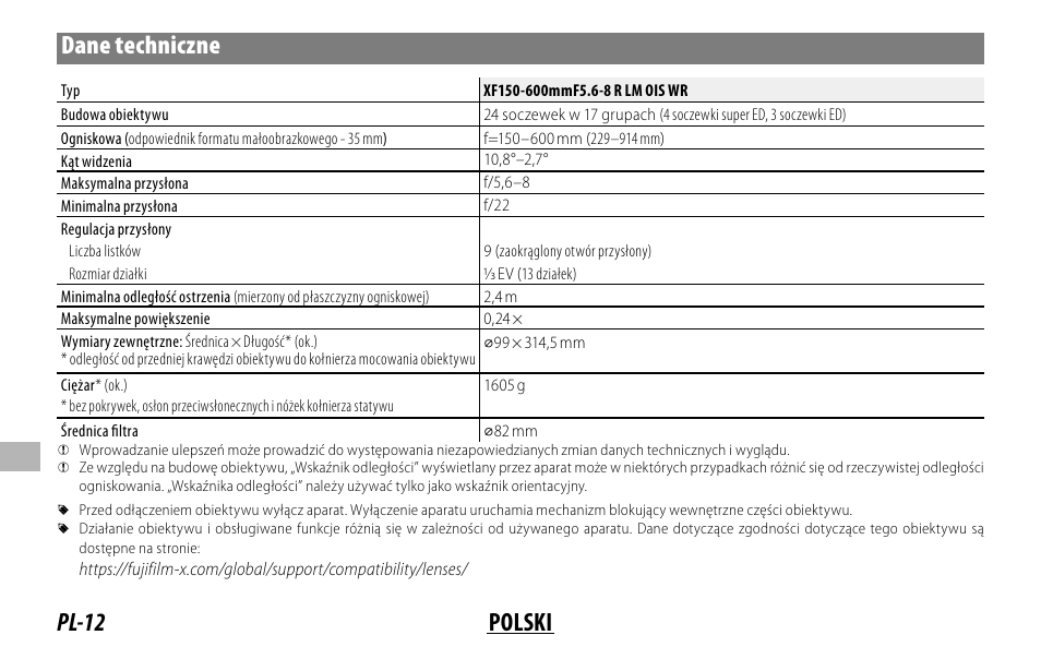 Pl-12 polski dane techniczne | FujiFilm XF 150-600mm f/5.6-8 R LM OIS WR Lens User Manual | Page 156 / 204