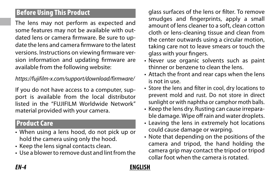 Before using this product, Product care | FujiFilm XF 150-600mm f/5.6-8 R LM OIS WR Lens User Manual | Page 16 / 204