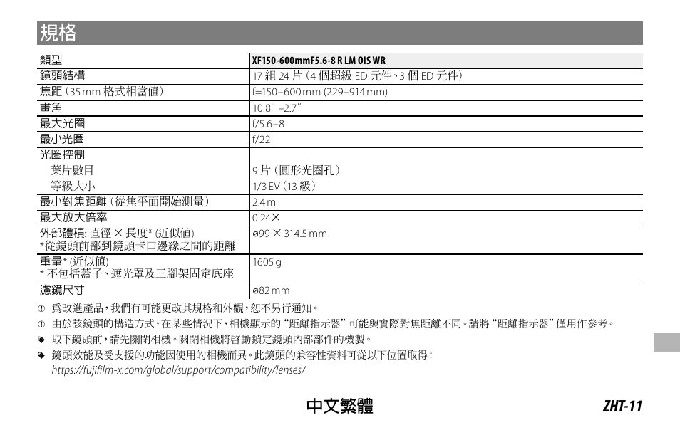 Zht-11 中文繁體 | FujiFilm XF 150-600mm f/5.6-8 R LM OIS WR Lens User Manual | Page 179 / 204