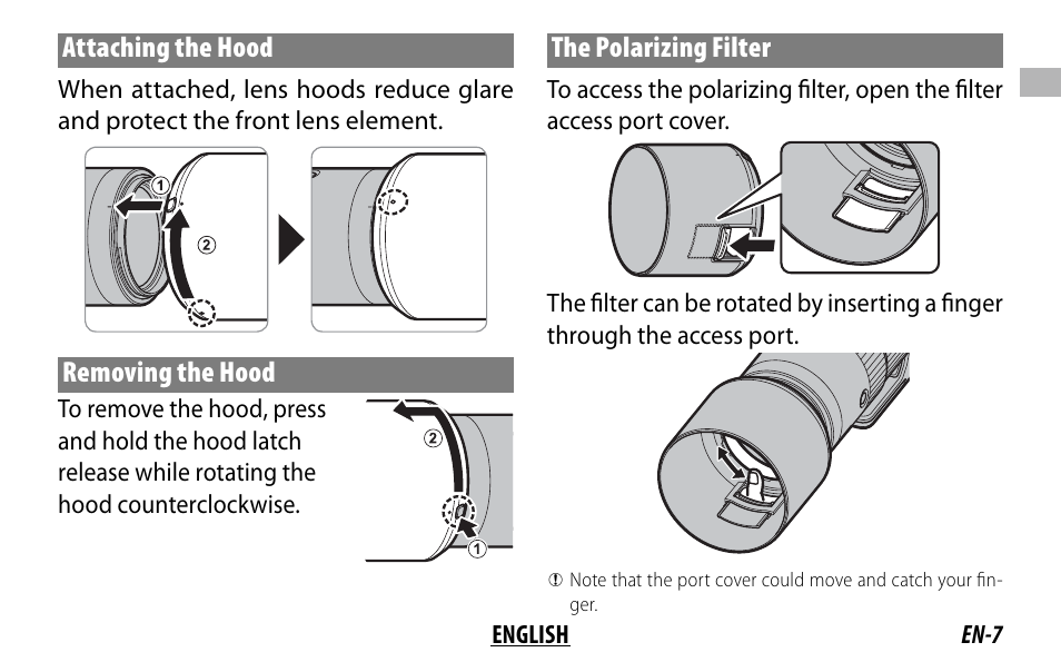 Attaching the hood, Removing the hood, The polarizing filter | FujiFilm XF 150-600mm f/5.6-8 R LM OIS WR Lens User Manual | Page 19 / 204