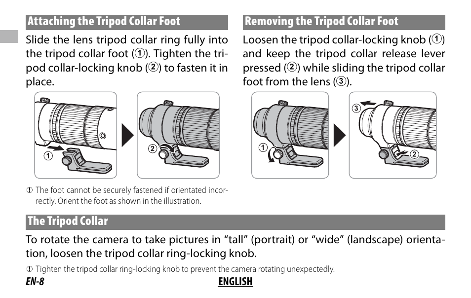 Attaching the tripod collar foot, Removing the tripod collar foot, The tripod collar | FujiFilm XF 150-600mm f/5.6-8 R LM OIS WR Lens User Manual | Page 20 / 204