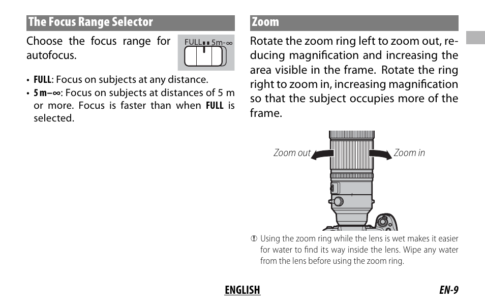 The focus range selector, Zoom | FujiFilm XF 150-600mm f/5.6-8 R LM OIS WR Lens User Manual | Page 21 / 204