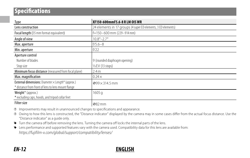 Specifi cations, En-12 english | FujiFilm XF 150-600mm f/5.6-8 R LM OIS WR Lens User Manual | Page 24 / 204