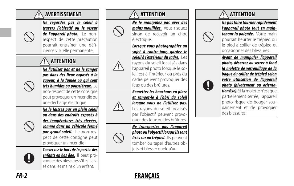 Fr-2 français, Avertissement, Attention | FujiFilm XF 150-600mm f/5.6-8 R LM OIS WR Lens User Manual | Page 26 / 204