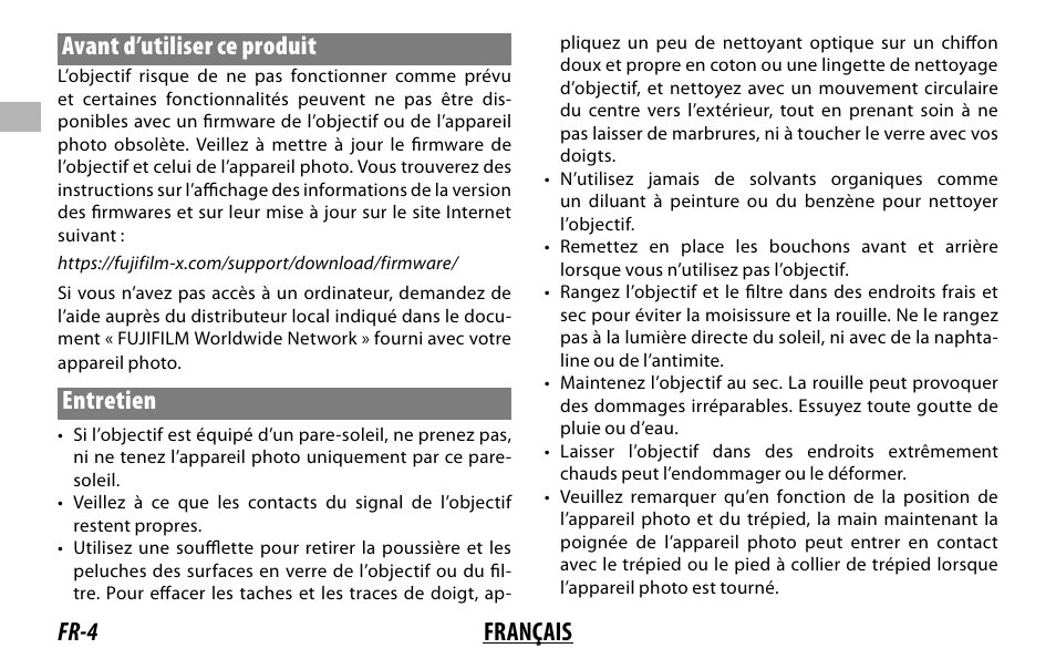 Fr-4 français avant d’utiliser ce produit, Entretien | FujiFilm XF 150-600mm f/5.6-8 R LM OIS WR Lens User Manual | Page 28 / 204