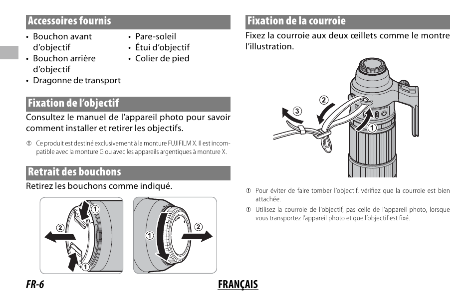 Fr-6 français accessoires fournis, Fixation de l’objectif, Retrait des bouchons | Fixation de la courroie | FujiFilm XF 150-600mm f/5.6-8 R LM OIS WR Lens User Manual | Page 30 / 204