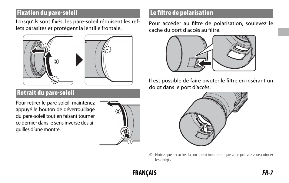 Fr-7 français fixation du pare-soleil, Retrait du pare-soleil, Le fi ltre de polarisation | FujiFilm XF 150-600mm f/5.6-8 R LM OIS WR Lens User Manual | Page 31 / 204