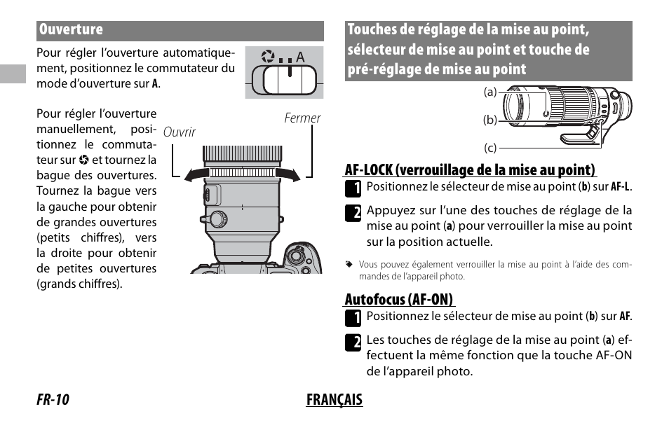 Fr-10 français ouverture, Af-lock (verrouillage de la mise au point) 1, Autofocus (af-on) 1 | FujiFilm XF 150-600mm f/5.6-8 R LM OIS WR Lens User Manual | Page 34 / 204