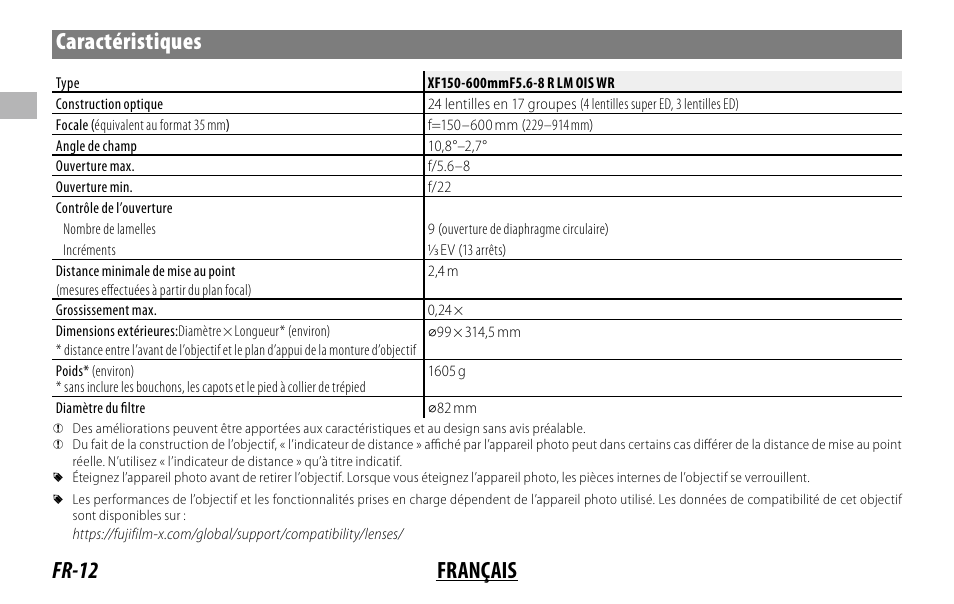 Fr-12 français caractéristiques | FujiFilm XF 150-600mm f/5.6-8 R LM OIS WR Lens User Manual | Page 36 / 204