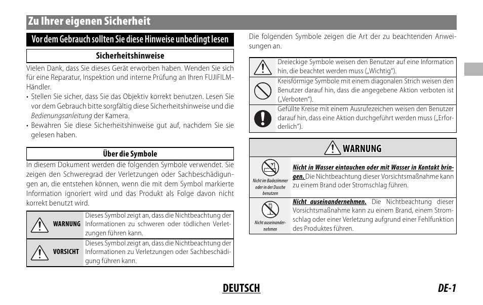 De-1 deutsch zu ihrer eigenen sicherheit, Warnung warnung | FujiFilm XF 150-600mm f/5.6-8 R LM OIS WR Lens User Manual | Page 37 / 204