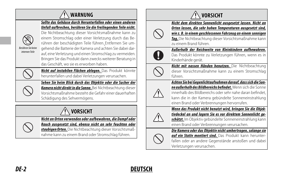 De-2 deutsch, Warnung warnung, Vorsicht vorsicht | FujiFilm XF 150-600mm f/5.6-8 R LM OIS WR Lens User Manual | Page 38 / 204