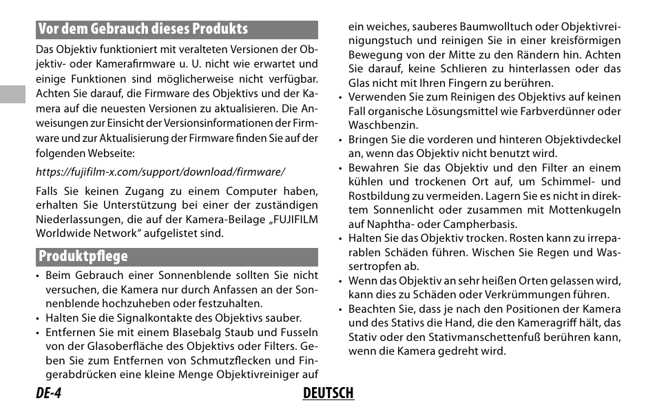 De-4 deutsch vor dem gebrauch dieses produkts, Produktpfl ege | FujiFilm XF 150-600mm f/5.6-8 R LM OIS WR Lens User Manual | Page 40 / 204
