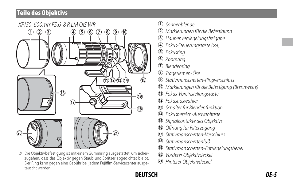 De-5 deutsch teile des objektivs | FujiFilm XF 150-600mm f/5.6-8 R LM OIS WR Lens User Manual | Page 41 / 204